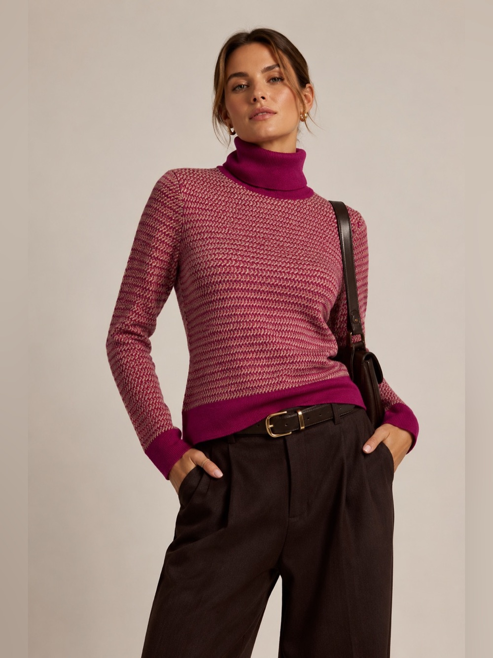 NWT Luca‎ Luca $545 Merino Wool Turtleneck Sweater Fuchsia Camel S